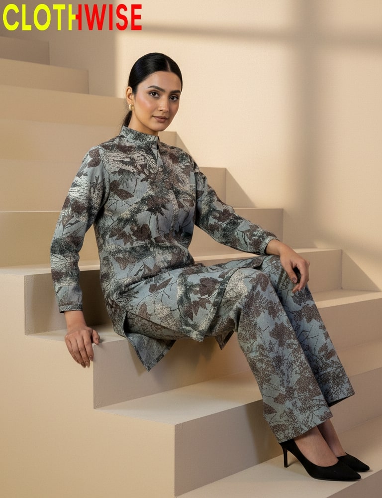 Woman in a floral outfit sitting on stairs with 'CLOTHWISE' branding.