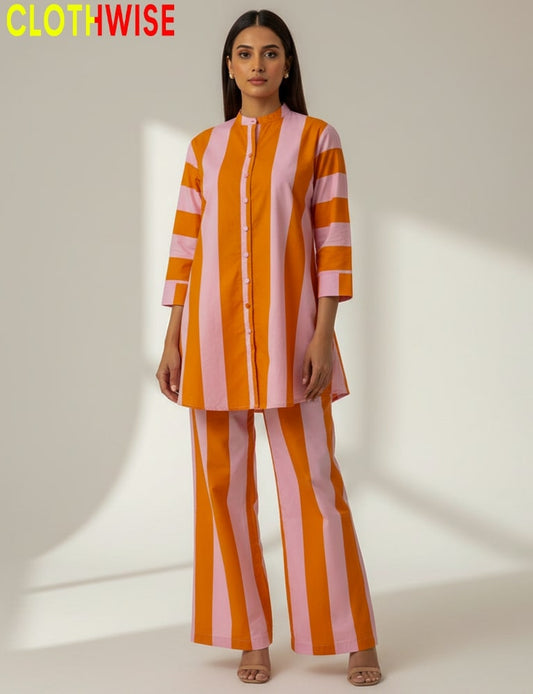 Woman wearing a striped orange and pink outfit with 'CLOTHWISE' branding.