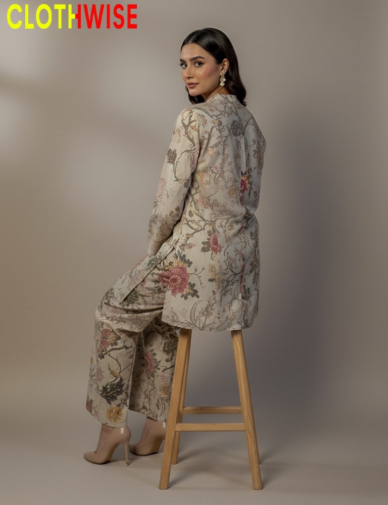 Elanora – Creme Printed Shamois Silk Co-ord Set by Clothwise