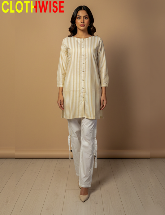 Woman wearing a light-colored striped kurta with white pants against a beige background, with 'CLOTHWISE' branding.