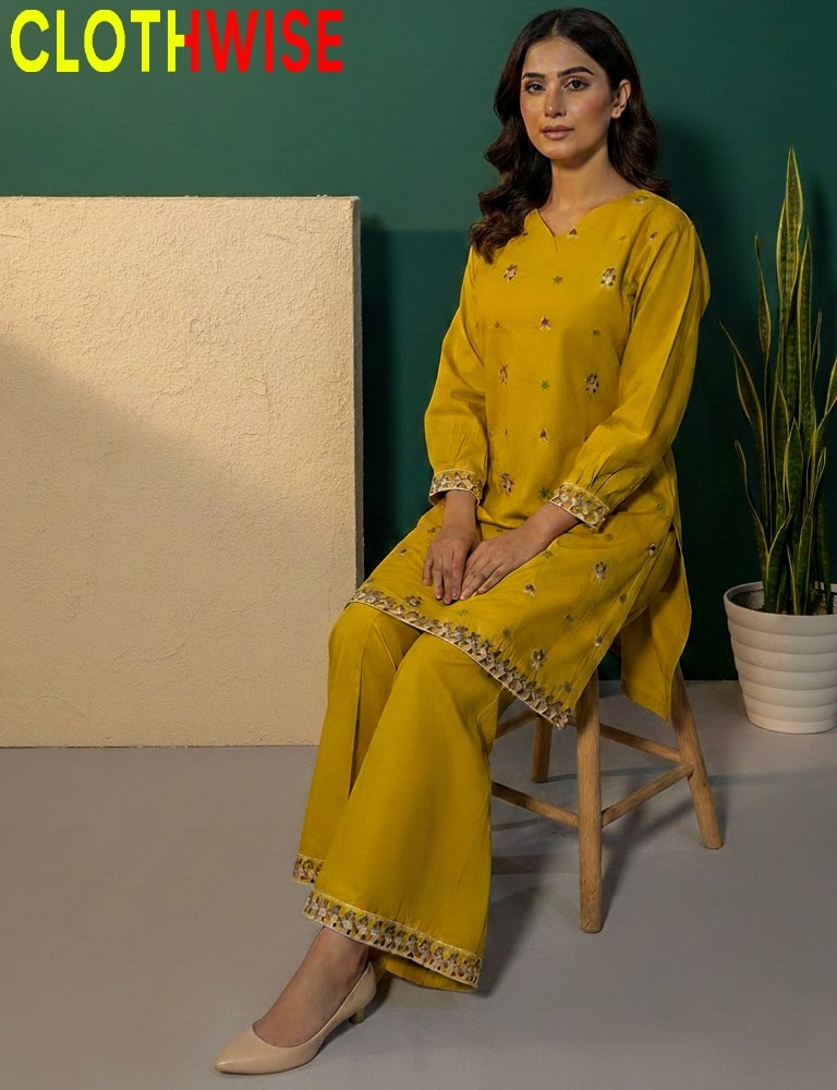 Woman in a yellow outfit sitting on a chair with 'ClothWise' branding.