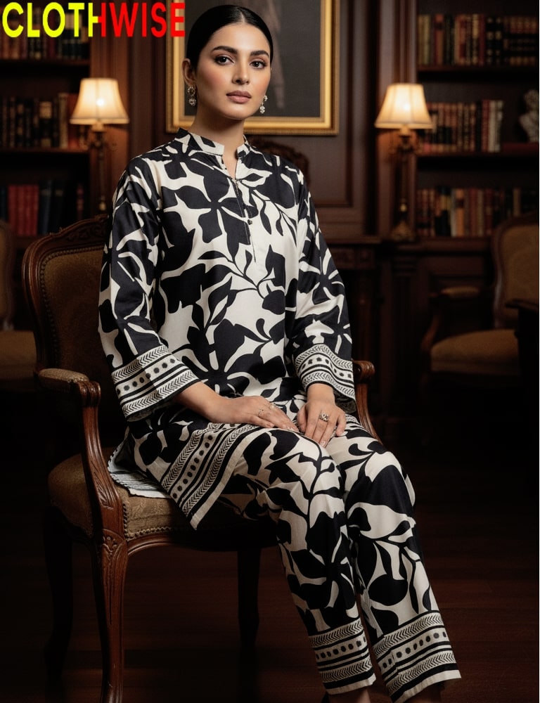 Woman wearing a black and white patterned outfit sitting in a room with bookshelves.