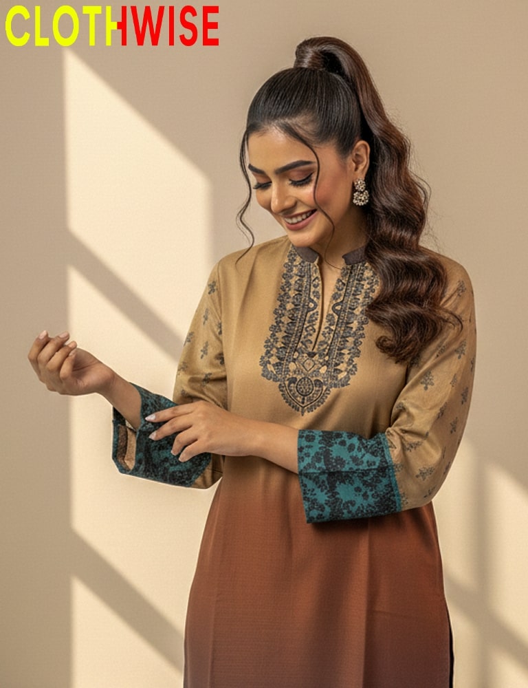 Woman wearing a brown and blue dress with 'CLOTHWISE' branding.