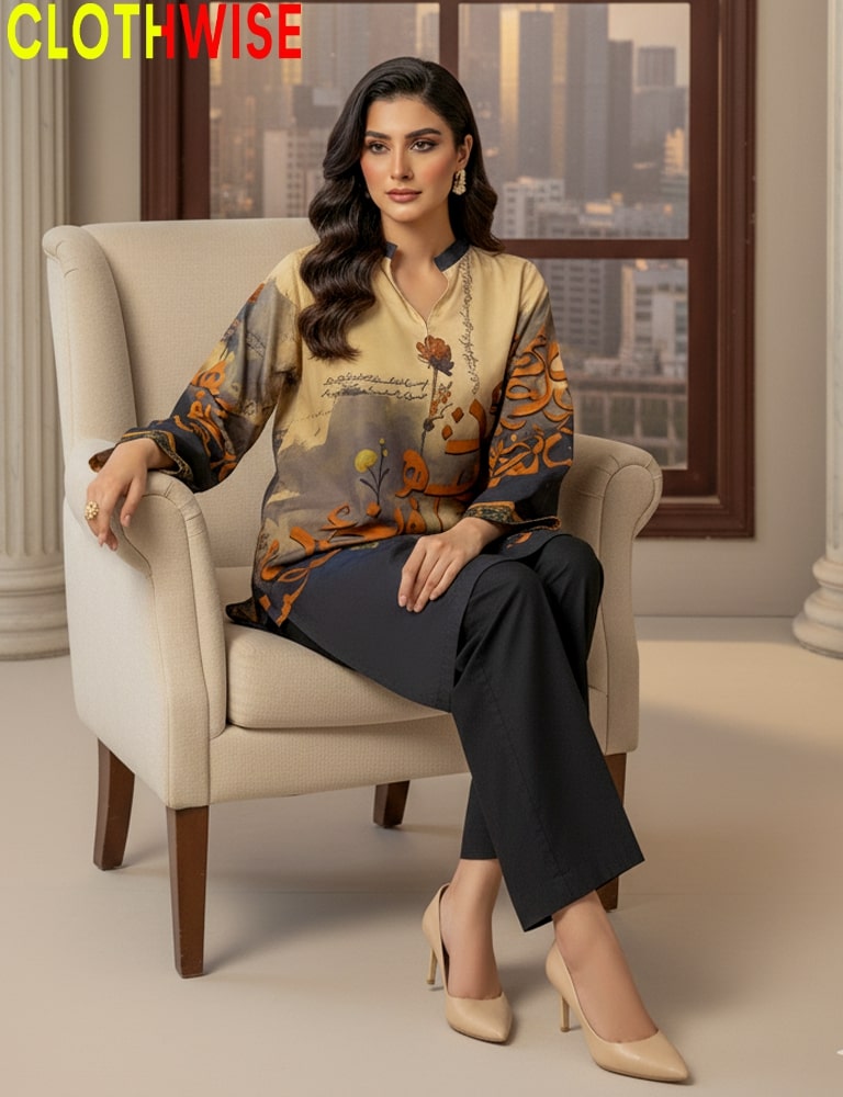 Woman sitting on a chair wearing a patterned top and black pants, with 'CLOTHWISE' branding.