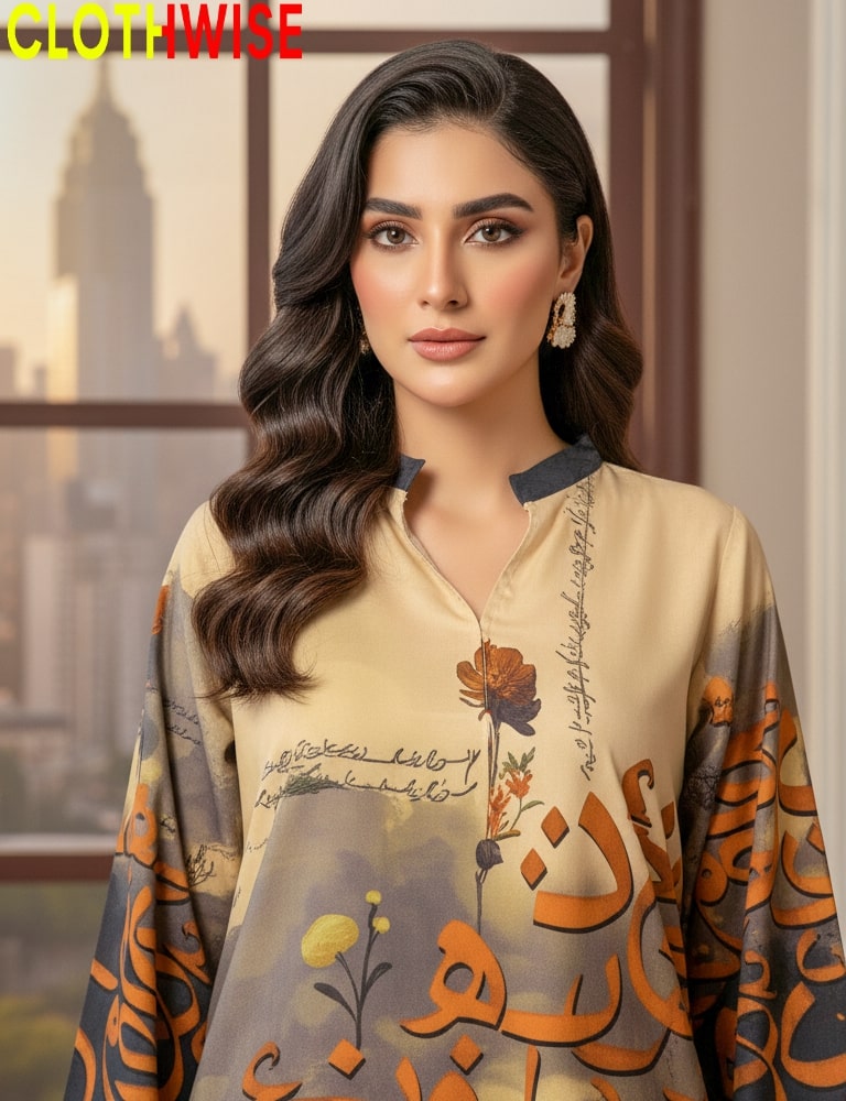 Woman wearing a patterned outfit with 'CLOTHWISE' branding.