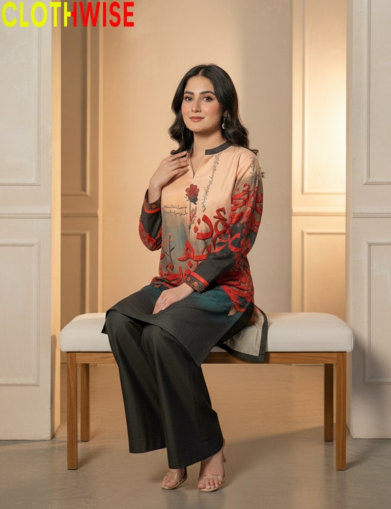 Woman sitting on a bench wearing a patterned top and black pants, with 'CLOTHWISE' branding.