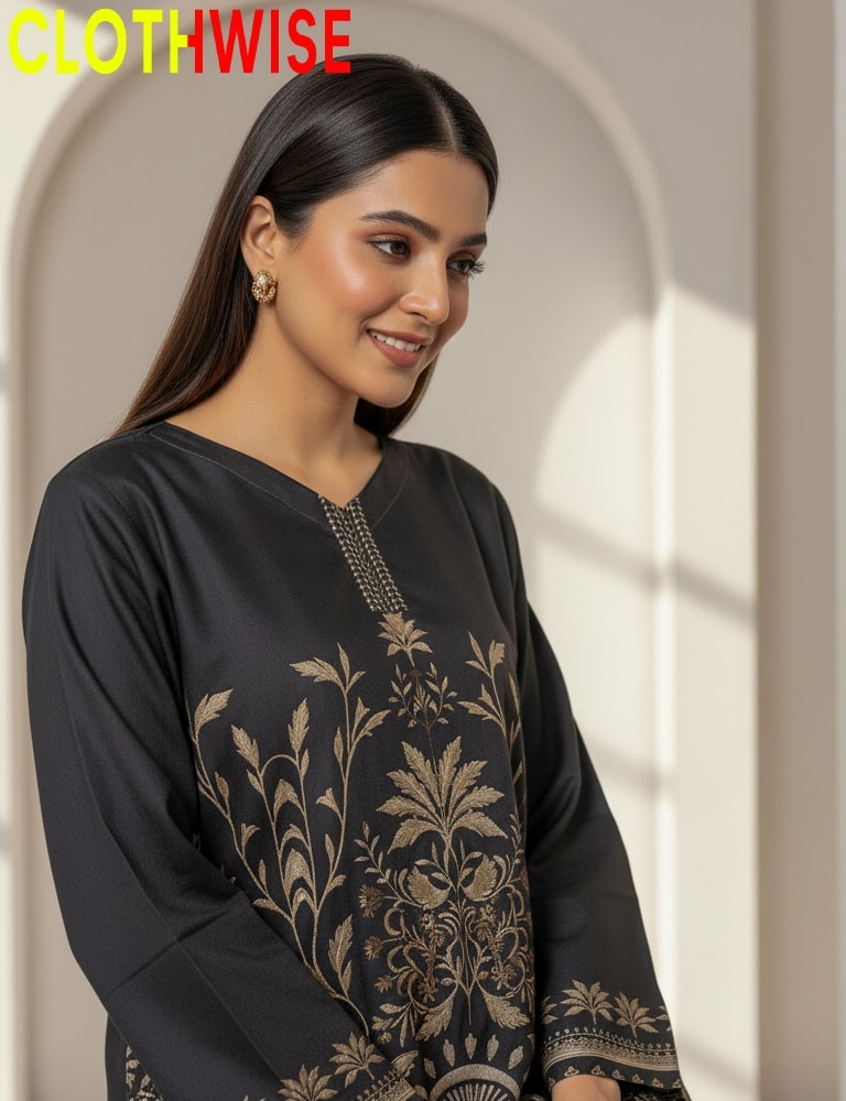 Woman wearing a black outfit with gold embroidery, standing against a neutral background with 'CLOTHWISE' branding.