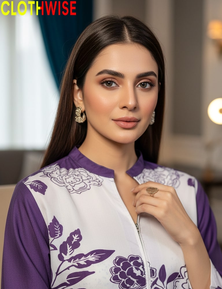 Woman wearing a purple and white patterned top with 'CLOTHWISE' branding.