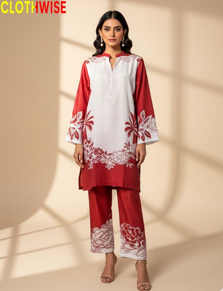 Woman wearing a red and white outfit with floral patterns on a beige background, branded 'CLOTHWISE'.