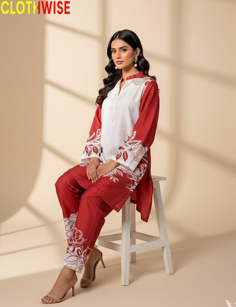 Woman wearing a red and white outfit with embroidery, sitting on a stool against a beige background. Brand 'CLOTHWISE' visible.
