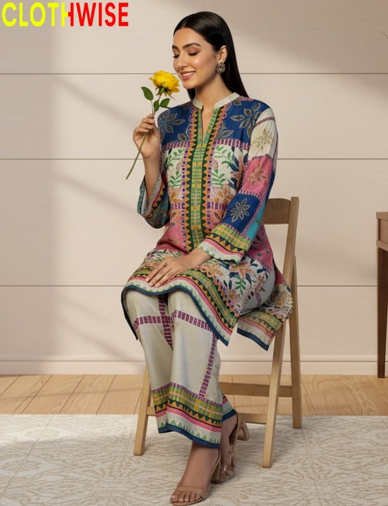 Woman sitting on a chair wearing a colorful patterned outfit with 'CLOTHWISE' branding.