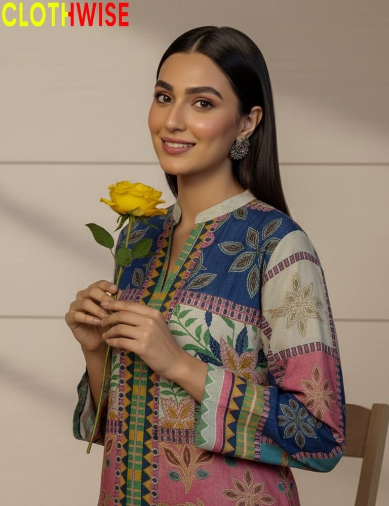 Woman holding a yellow rose wearing a colorful embroidered dress with 'CLOTHWISE' branding.