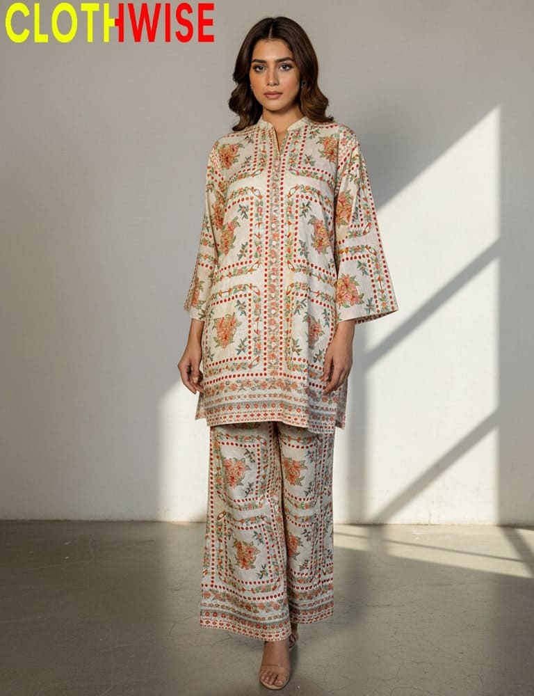 Woman wearing a patterned outfit with 'CLOTHWISE' branding in the corner.