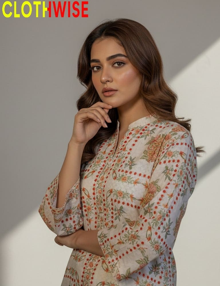 Woman wearing a floral patterned outfit with 'CLOTHWISE' branding.