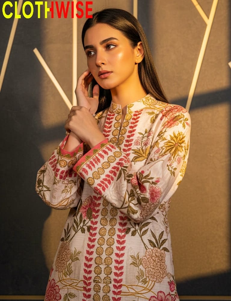 Woman wearing a floral dress with intricate patterns, posing against a neutral background with 'CLOTHWISE' branding.