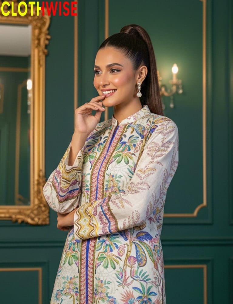 Woman in a patterned outfit standing in front of a green wall with a gold-framed mirror.