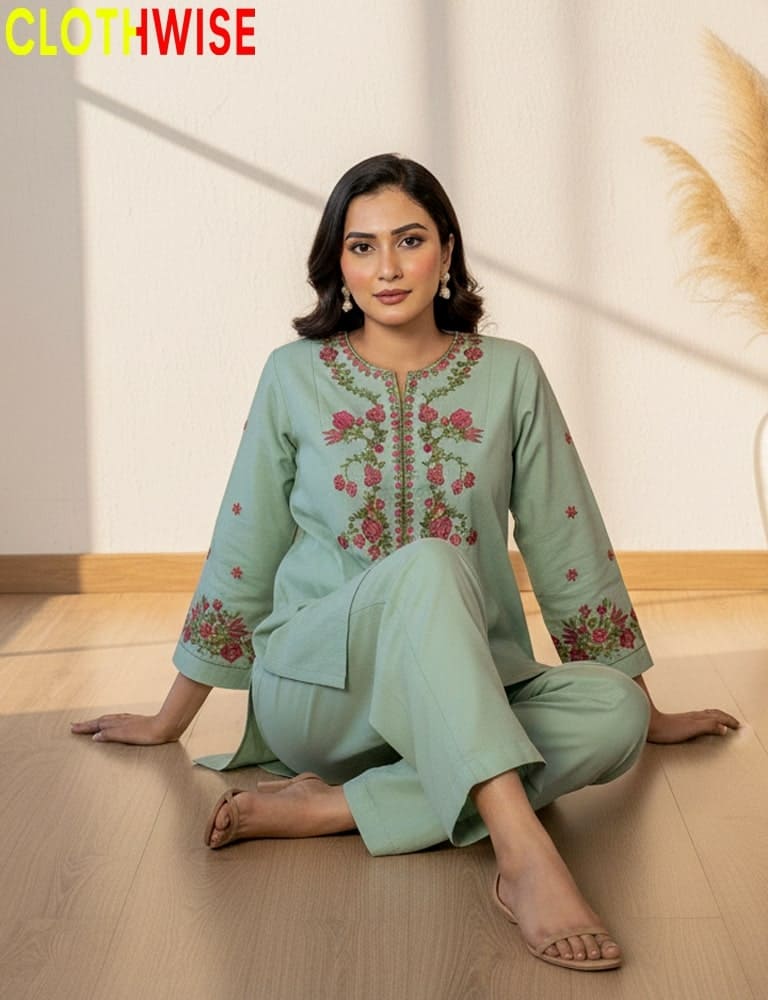 Rangzaar β 2 Piece Lgreen Embroidered Cotton Co-ord Set for Girls & Women