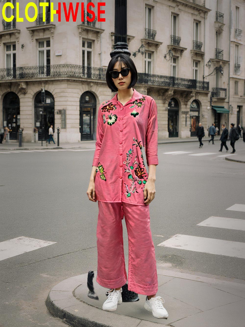 Person wearing a pink outfit with floral embroidery on a city street, with 'CLOTHWISE' branding.