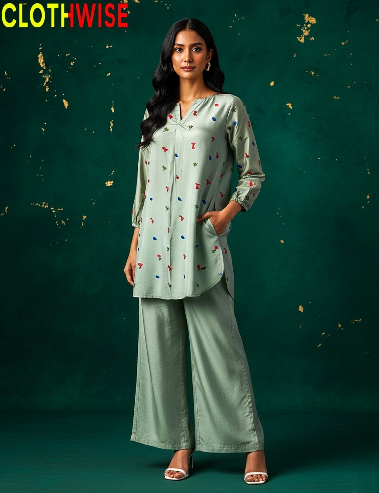 Woman wearing a light green outfit with a pattern on a dark green background, featuring the brand 'CLOTHWISE'.