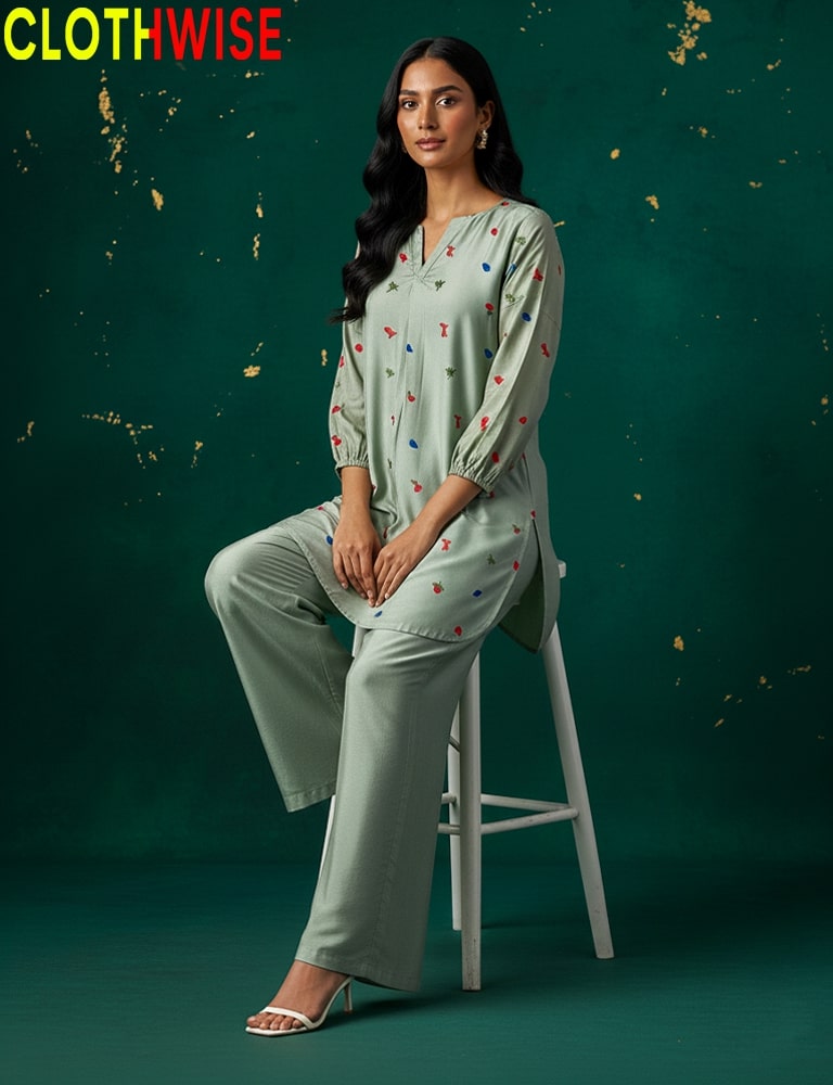 Woman in a light green outfit sitting on a stool against a dark green background with 'CLOTHWISE' branding.