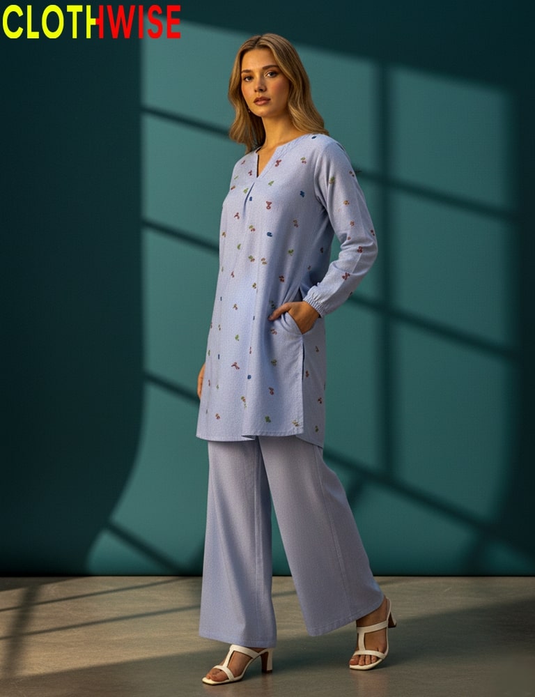 Woman wearing a light blue outfit with 'CLOTHWISE' branding against a teal wall.