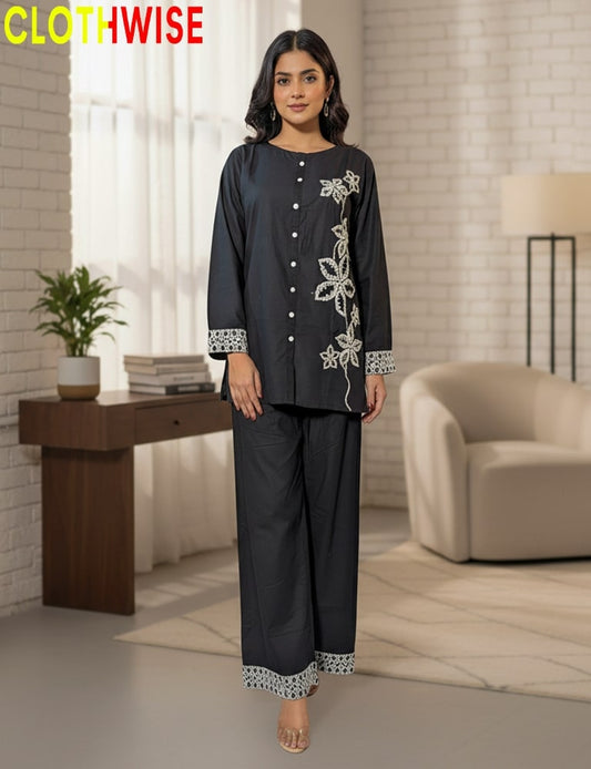 Comfortable cotton co ord set with elegant embroidery