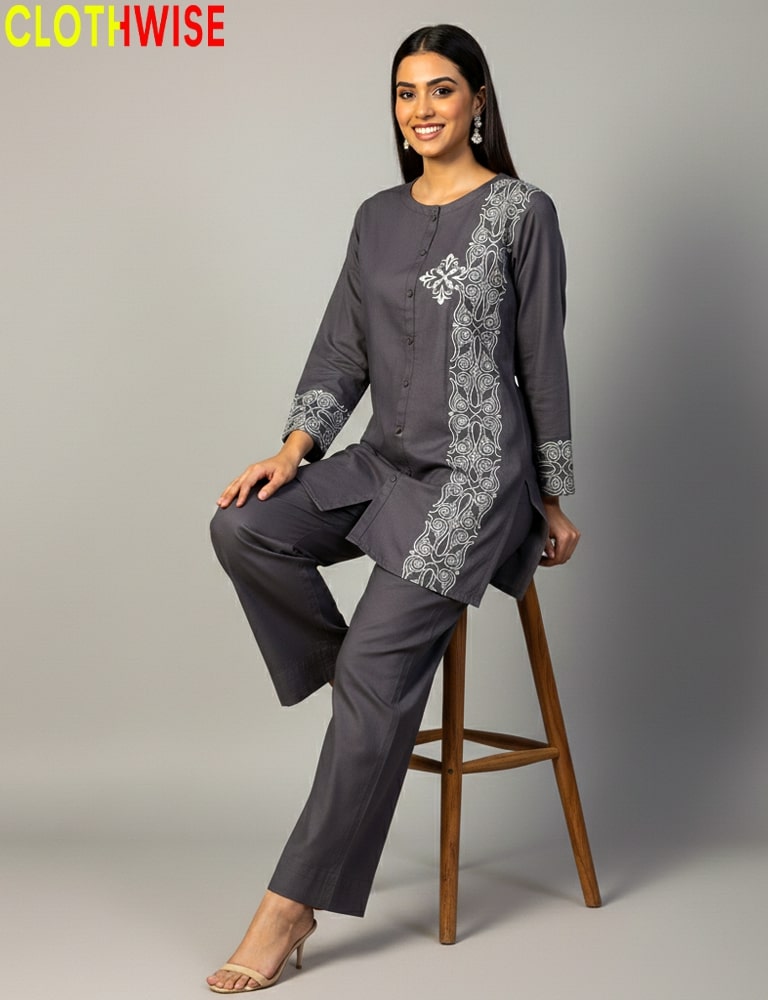 Women’s Gray Co-ord Set with Floral White Embroidery