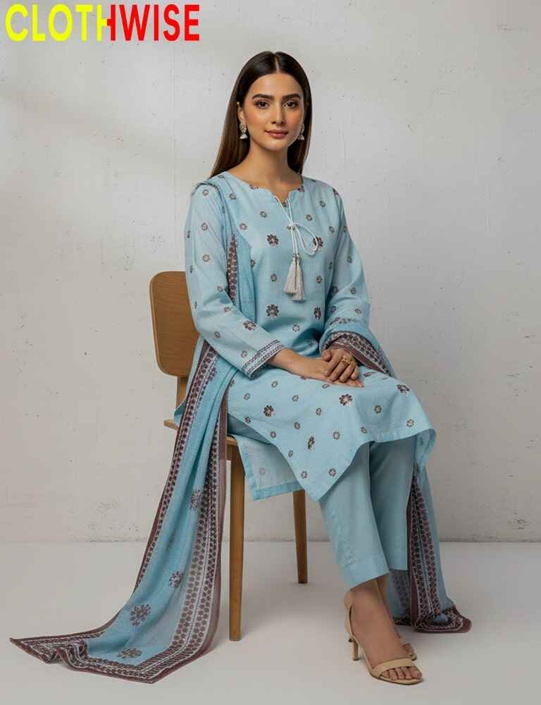Woman wearing a light blue traditional outfit with a matching dupatta, sitting on a chair against a white background. Brand 'CLOTHWISE' visible.