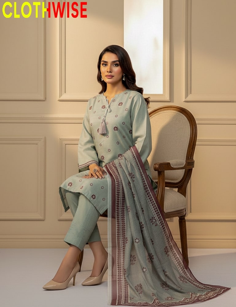 Woman in a light blue traditional outfit with a matching dupatta, sitting on a chair in a room.