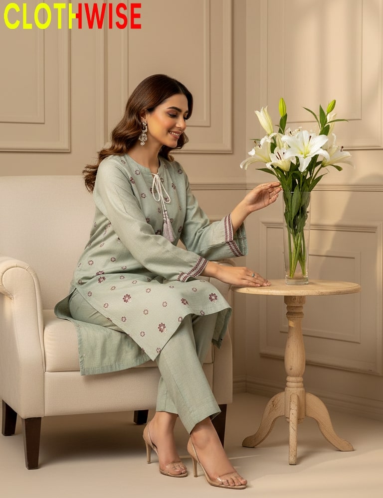 Woman in a light green outfit sitting on a chair with a vase of flowers in a room.