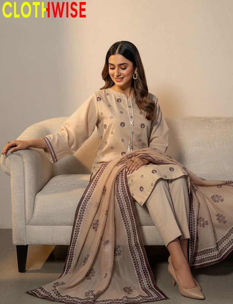 Woman sitting on a couch wearing a beige embroidered outfit with 'CLOTHWISE' branding.
