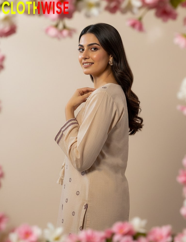 Woman wearing a beige outfit with floral decorations in the background, featuring the brand 'Clothwise'.