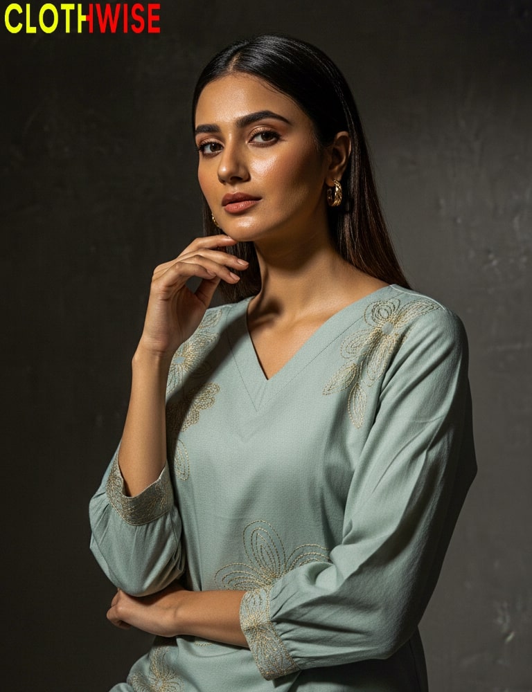 Woman wearing a light blue traditional outfit with intricate designs, posing against a dark background. Brand 'CLOTHWISE' visible.
