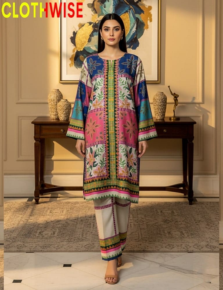Woman wearing a colorful traditional outfit in an elegant room with decor.