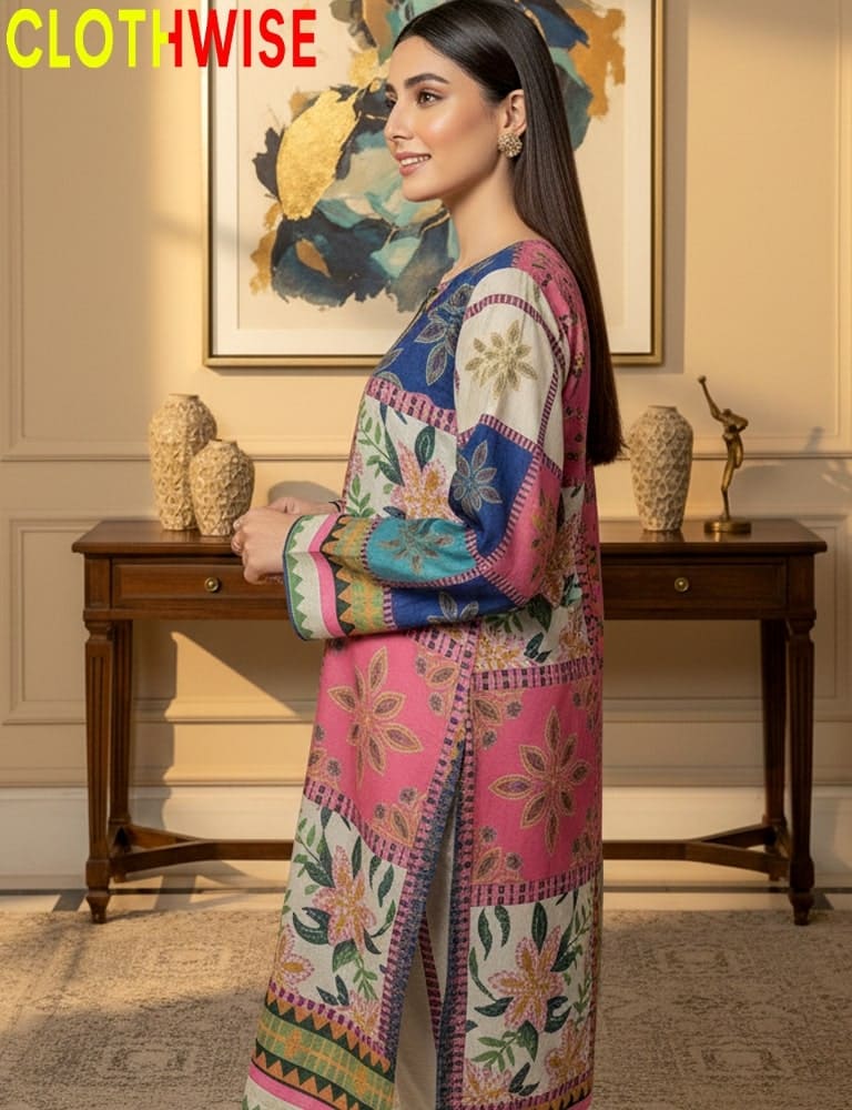 Woman wearing a colorful patterned outfit in an elegant room with a table and decorative items.