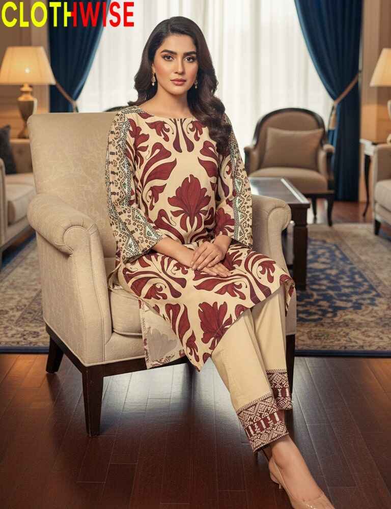 Woman sitting on a chair wearing a patterned outfit in a decorated room.