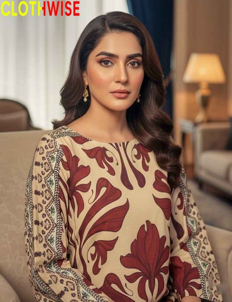 Woman wearing a patterned outfit in an indoor setting