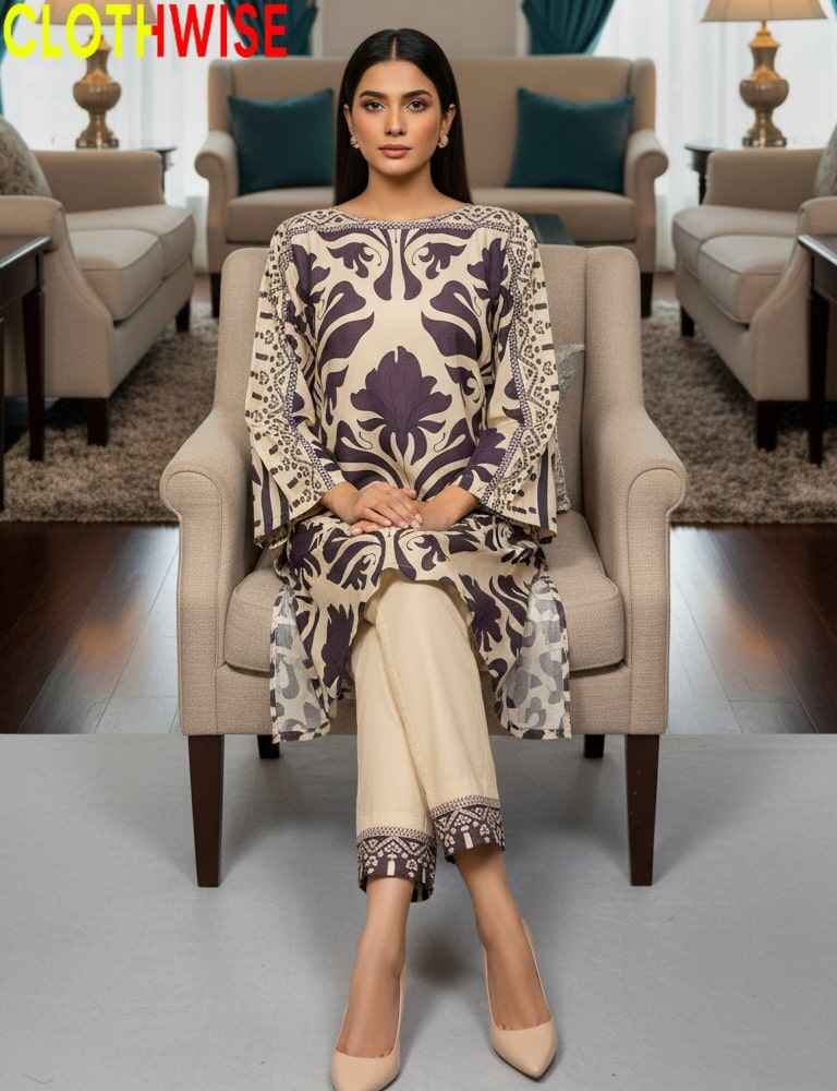 Woman sitting on a chair wearing a patterned outfit with 'Clothwise' branding.