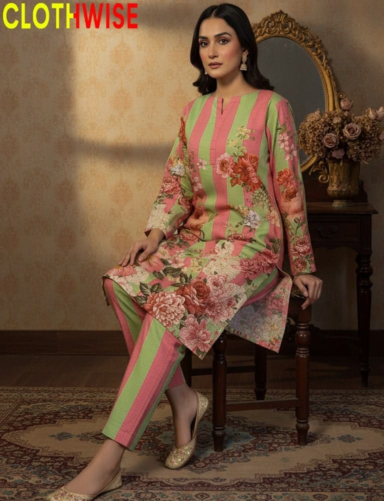 Woman wearing a floral dress with green and pink stripes sitting on a chair in a decorated room.