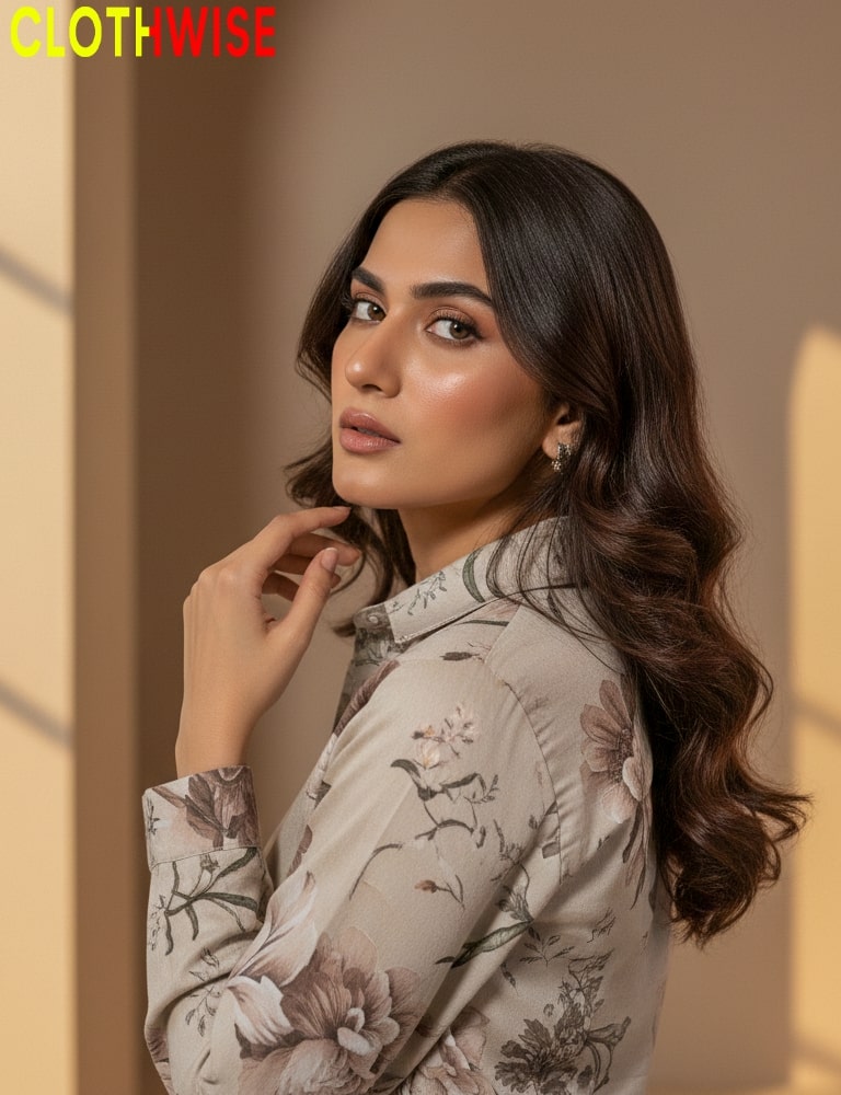 Woman wearing a floral blouse with 'CLOTHWISE' branding in the corner.