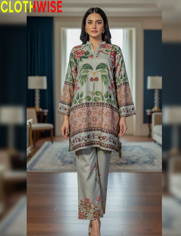 Woman wearing a floral dress with a blurred indoor background, featuring the 'CLOTHWISE' brand.