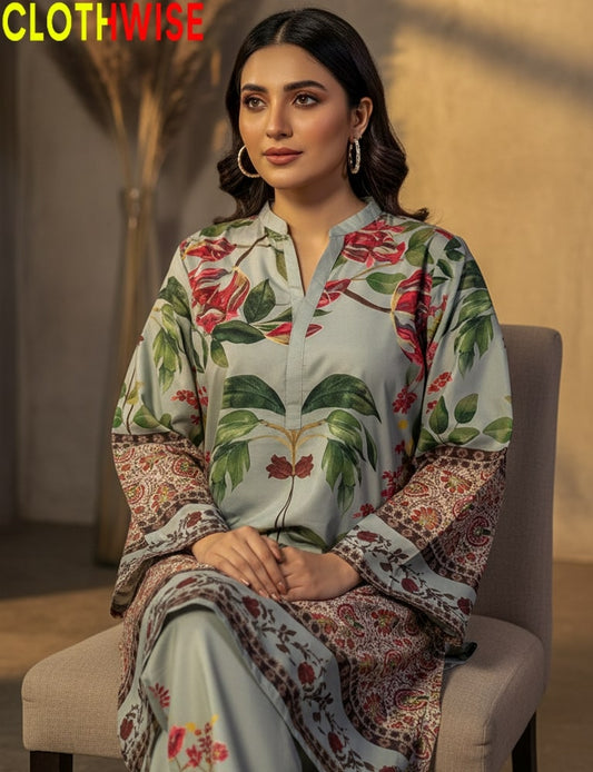 Woman wearing a floral dress sitting on a chair with 'CLOTHWISE' branding.