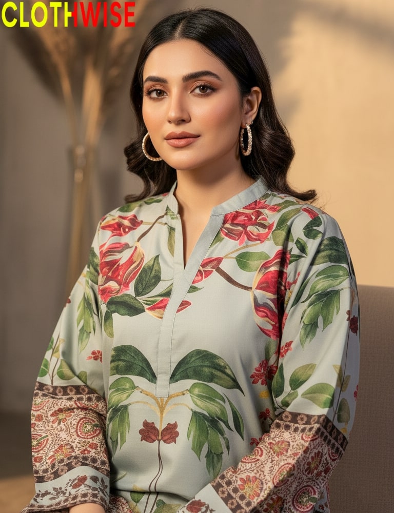 Woman wearing a floral and paisley patterned top with 'CLOTHWISE' branding.