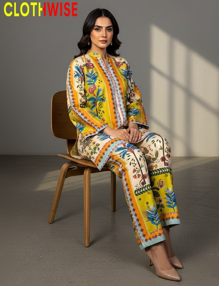 Woman sitting on a chair wearing a colorful outfit with 'CLOTHWISE' branding.