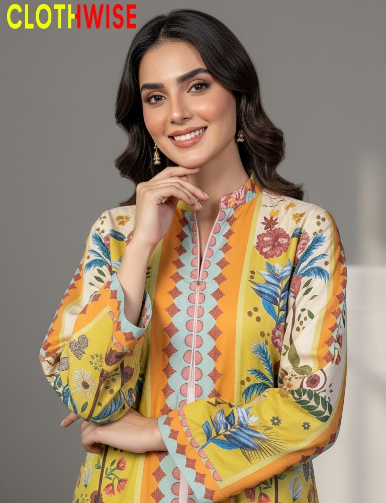 Woman wearing a colorful patterned outfit with 'Clothwise' branding.