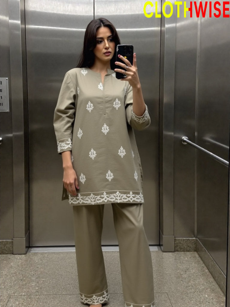 Alyssia – White Embroidered 2-Piece Co-ord Set | Beige Shirt & Flapper Trouser by ClothWise