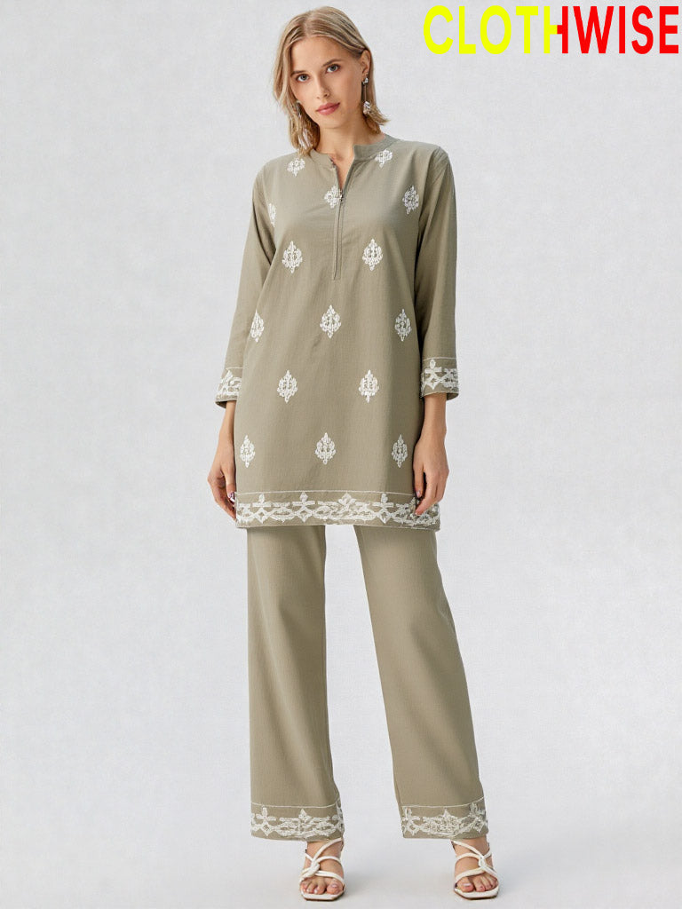 Alyssia – White Embroidered 2-Piece Co-ord Set | Beige Shirt & Flapper Trouser by ClothWise