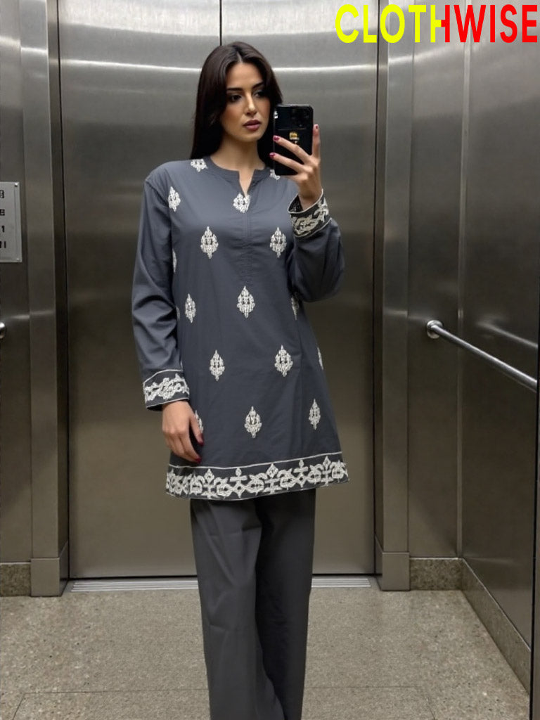 Alyssia – White Embroidered 2-Piece Co-ord Set | Grey Shirt & Flapper Trouser by ClothWise