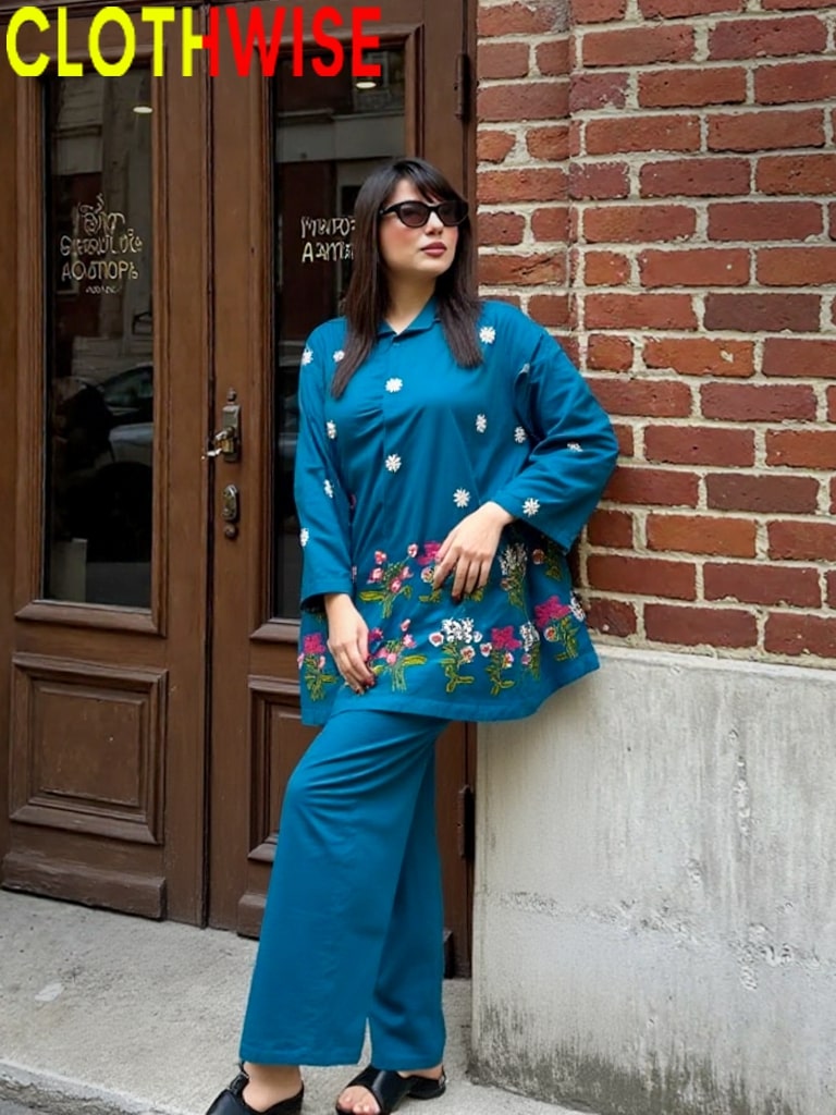 Woman wearing a blue floral outfit standing against a brick wall with 'CLOTHWISE' branding.
