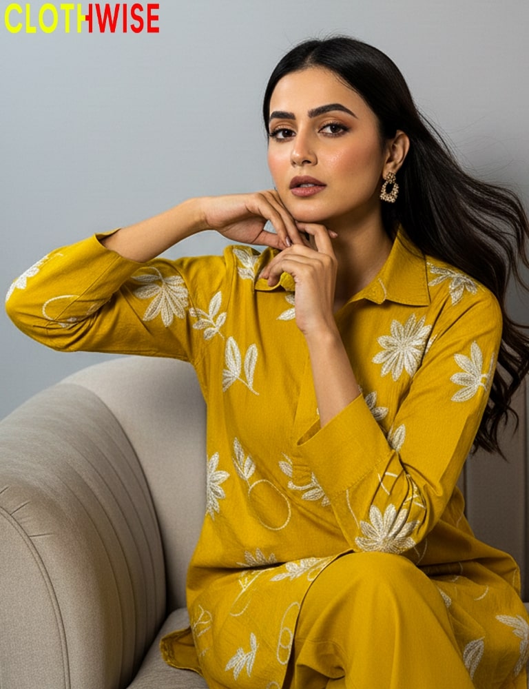 Woman wearing a yellow floral outfit sitting on a gray couch with 'ClothWise' branding.